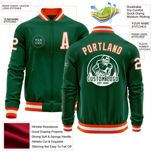 Custom Kelly Green White-Orange Bomber Varsity Letterman Zipper Jacket