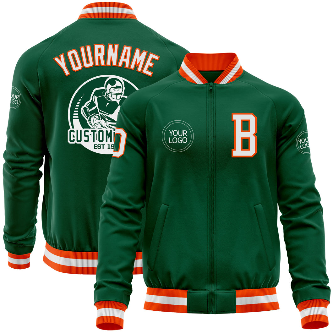 Custom Kelly Green White-Orange Bomber Varsity Letterman Zipper Jacket