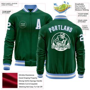 Custom Kelly Green White-Light Blue Bomber Varsity Letterman Zipper Jacket