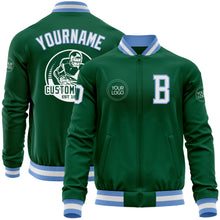 Load image into Gallery viewer, Custom Kelly Green White-Light Blue Bomber Varsity Letterman Zipper Jacket
