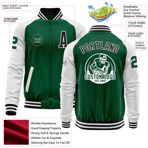 Custom Kelly Green Black=White Bomber Varsity Letterman Two Tone Zipper Jacket