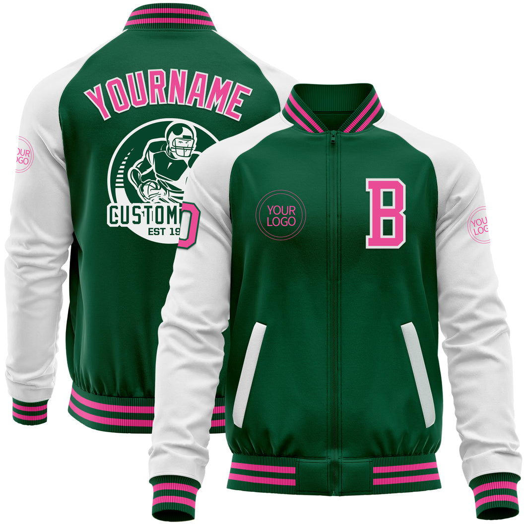 Custom Kelly Green Pink=White Bomber Varsity Letterman Two Tone Zipper Jacket