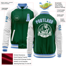 Load image into Gallery viewer, Custom Kelly Green Light Blue-White Bomber Varsity Letterman Two Tone Zipper Jacket
