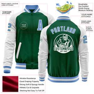 Custom Kelly Green Light Blue-White Bomber Varsity Letterman Two Tone Zipper Jacket