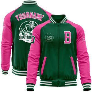 Custom Kelly Green Pink-White Bomber Varsity Letterman Two Tone Zipper Jacket