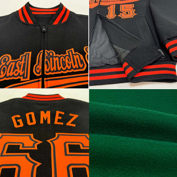 Custom Kelly Green Black-Orange Bomber Varsity Letterman Two Tone Zipper Jacket