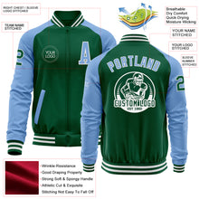 Charger l&#39;image dans la galerie, Custom Kelly Green Light Blue-White Bomber Varsity Letterman Two Tone Zipper Jacket
