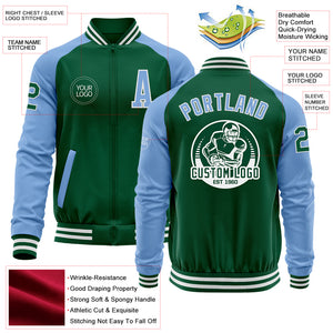 Custom Kelly Green Light Blue-White Bomber Varsity Letterman Two Tone Zipper Jacket