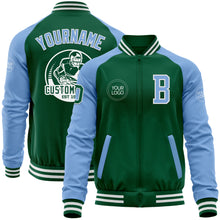 Charger l&#39;image dans la galerie, Custom Kelly Green Light Blue-White Bomber Varsity Letterman Two Tone Zipper Jacket
