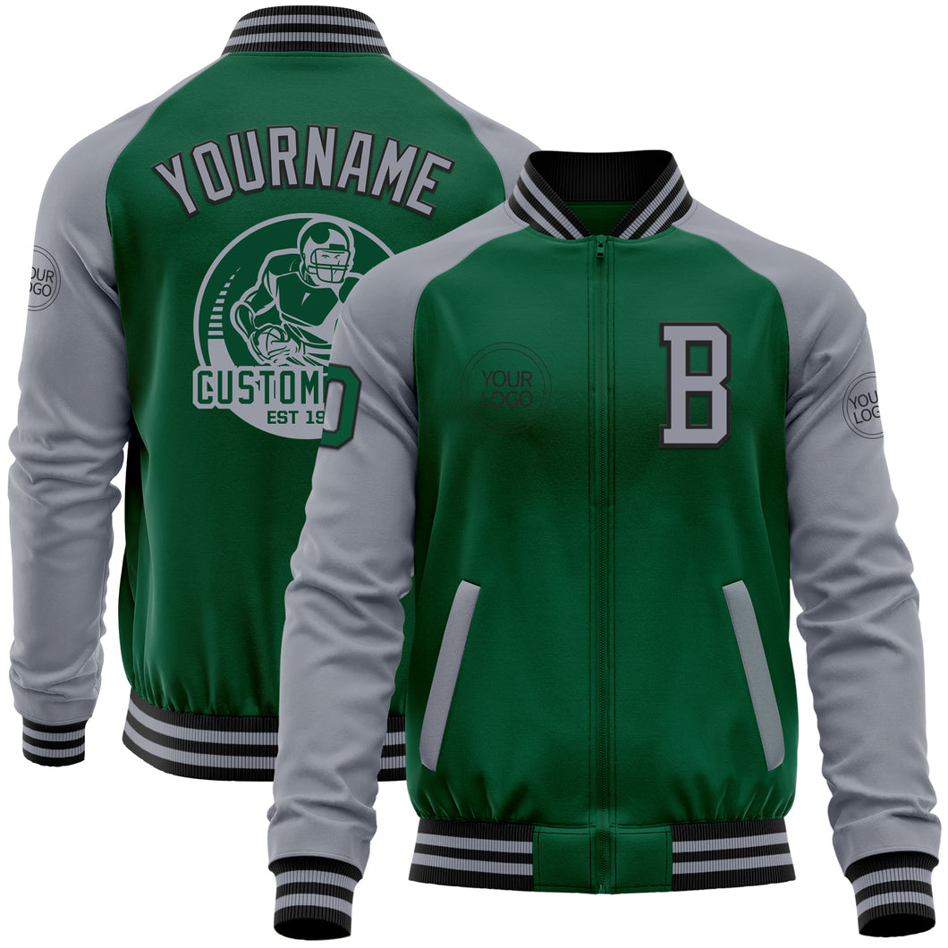 Custom Kelly Green Gray-Black Bomber Varsity Letterman Two Tone Zipper Jacket