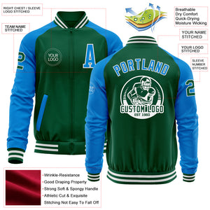 Custom Kelly Green Powder Blue-White Bomber Varsity Letterman Two Tone Zipper Jacket