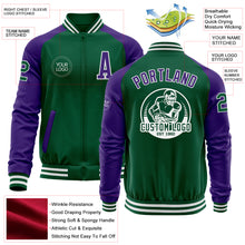 Load image into Gallery viewer, Custom Kelly Green Purple-White Bomber Varsity Letterman Two Tone Zipper Jacket
