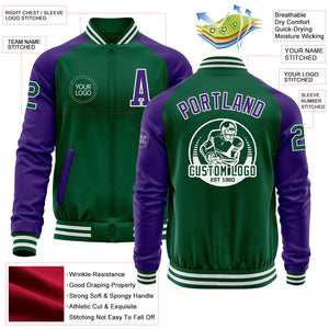 Custom Kelly Green Purple-White Bomber Varsity Letterman Two Tone Zipper Jacket