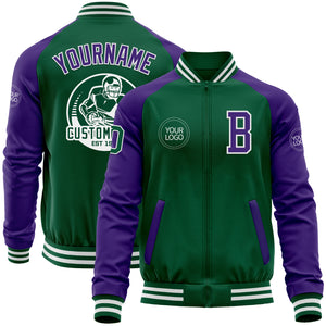 Custom Kelly Green Purple-White Bomber Varsity Letterman Two Tone Zipper Jacket