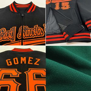 Custom Green Orange-Black Bomber Varsity Letterman Zipper Jacket