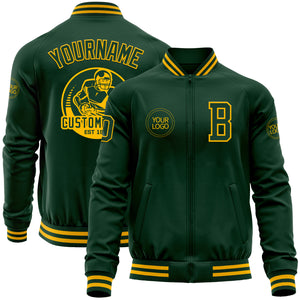 Custom Green Gold Bomber Varsity Letterman Zipper Jacket