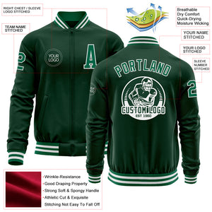 Custom Green Kelly Green-White Bomber Varsity Letterman Zipper Jacket