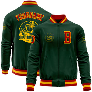 Custom Green Red-Gold Bomber Varsity Letterman Zipper Jacket