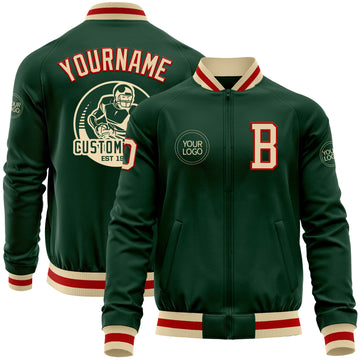 Custom Green Cream-Red Bomber Varsity Letterman Zipper Jacket