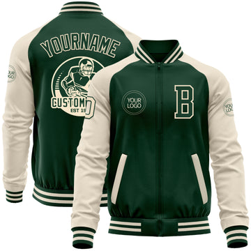 Custom Green Cream Bomber Varsity Letterman Two Tone Zipper Jacket