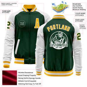 Custom Green Gold-White Bomber Varsity Letterman Two Tone Zipper Jacket