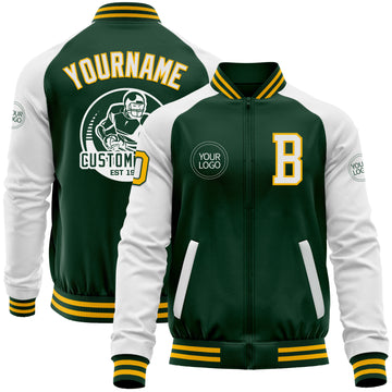 Custom Green White-Gold Bomber Varsity Letterman Two Tone Zipper Jacket