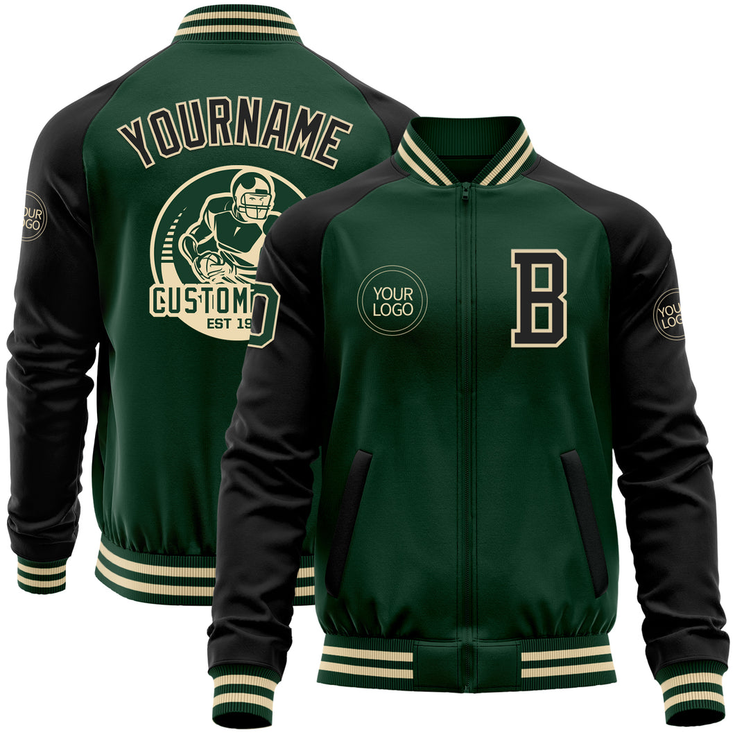 Custom Green Black-Cream Bomber Varsity Letterman Two Tone Zipper Jacket