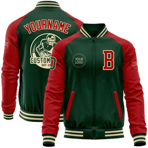 Custom Green Red-Cream Bomber Varsity Letterman Two Tone Zipper Jacket