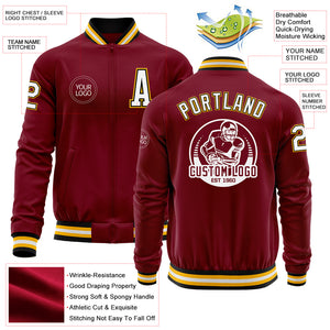 Custom Crimson Black-Gold Bomber Varsity Letterman Zipper Jacket