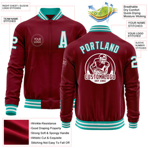 Custom Crimson White-Aqua Bomber Varsity Letterman Zipper Jacket