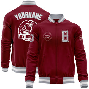 Custom Crimson Gray-White Bomber Varsity Letterman Zipper Jacket