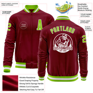 Custom Crimson Neon Green-White Bomber Varsity Letterman Zipper Jacket