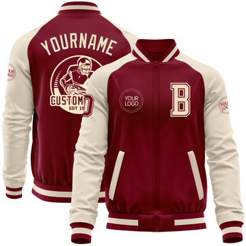 Custom Crimson Cream-Maroon Bomber Varsity Letterman Two Tone Zipper Jacket