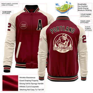 Custom Crimson Black Cream-City Cream Bomber Varsity Letterman Two Tone Zipper Jacket