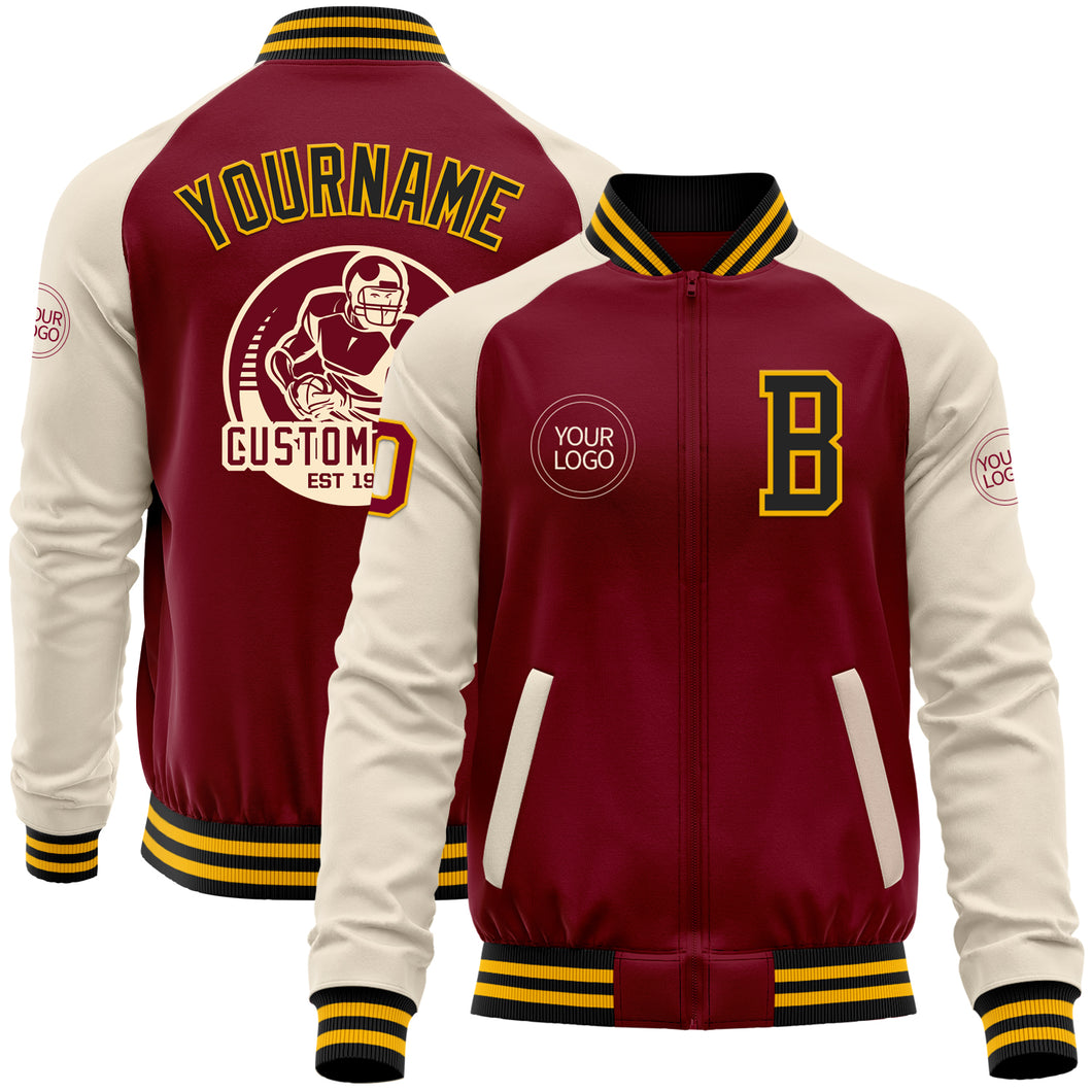 Custom Crimson Black-Gold Bomber Varsity Letterman Two Tone Zipper Jacket