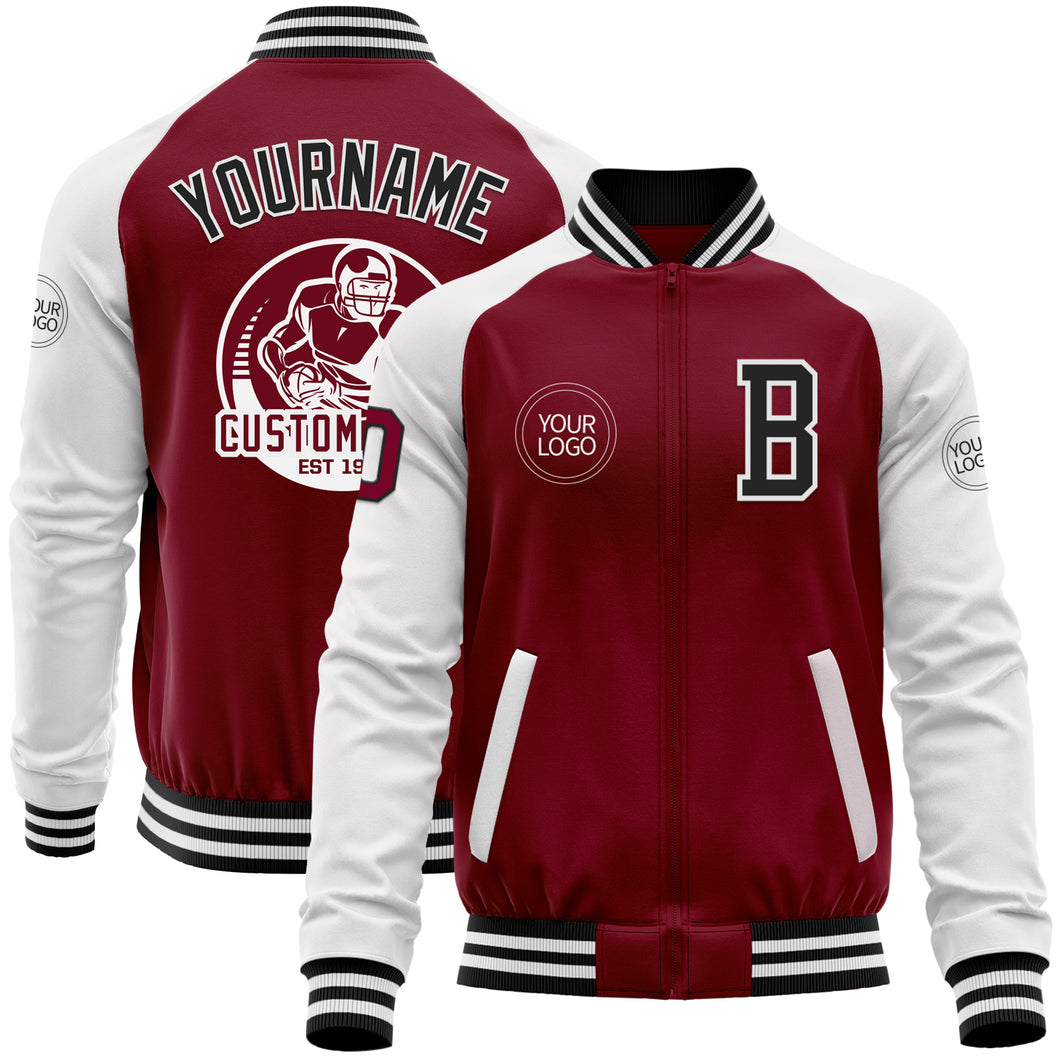 Custom Crimson Black-White Bomber Varsity Letterman Two Tone Zipper Jacket