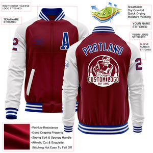 Custom Crimson Royal-White Bomber Varsity Letterman Two Tone Zipper Jacket