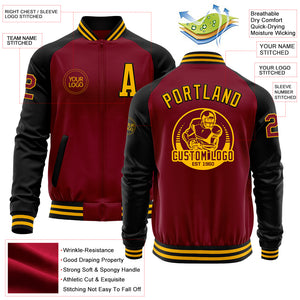 Custom Crimson Gold-Black Bomber Varsity Letterman Two Tone Zipper Jacket