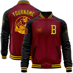 Custom Crimson Gold-Black Bomber Varsity Letterman Two Tone Zipper Jacket