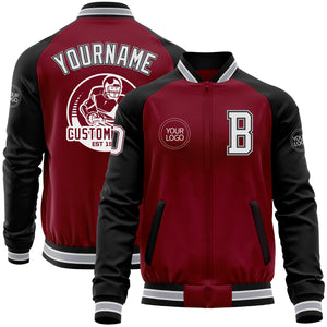 Custom Crimson Black-Gray Bomber Varsity Letterman Two Tone Zipper Jacket