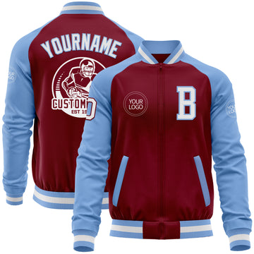 Custom Crimson White-Light Blue Bomber Varsity Letterman Two Tone Zipper Jacket