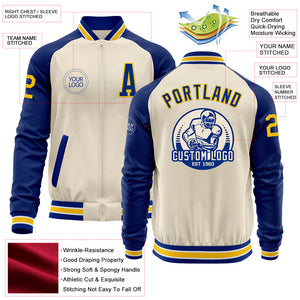 Custom Cream Yellow Royal-White Bomber Varsity Letterman Two Tone Zipper Jacket