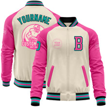 Load image into Gallery viewer, Custom Cream Aqua Black-Pink Bomber Varsity Letterman Two Tone Zipper Jacket
