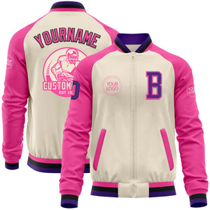 Custom Cream Purple Black-Pink Bomber Varsity Letterman Two Tone Zipper Jacket