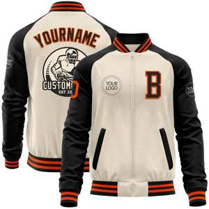 Custom Cream Orange-Black Bomber Varsity Letterman Two Tone Zipper Jacket