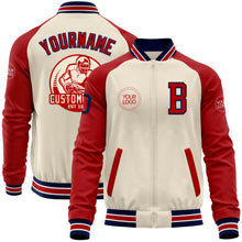 Load image into Gallery viewer, Custom Cream Navy Red-White Bomber Varsity Letterman Two Tone Zipper Jacket
