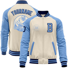 Load image into Gallery viewer, Custom Cream Navy-Light Blue Bomber Varsity Letterman Two Tone Zipper Jacket
