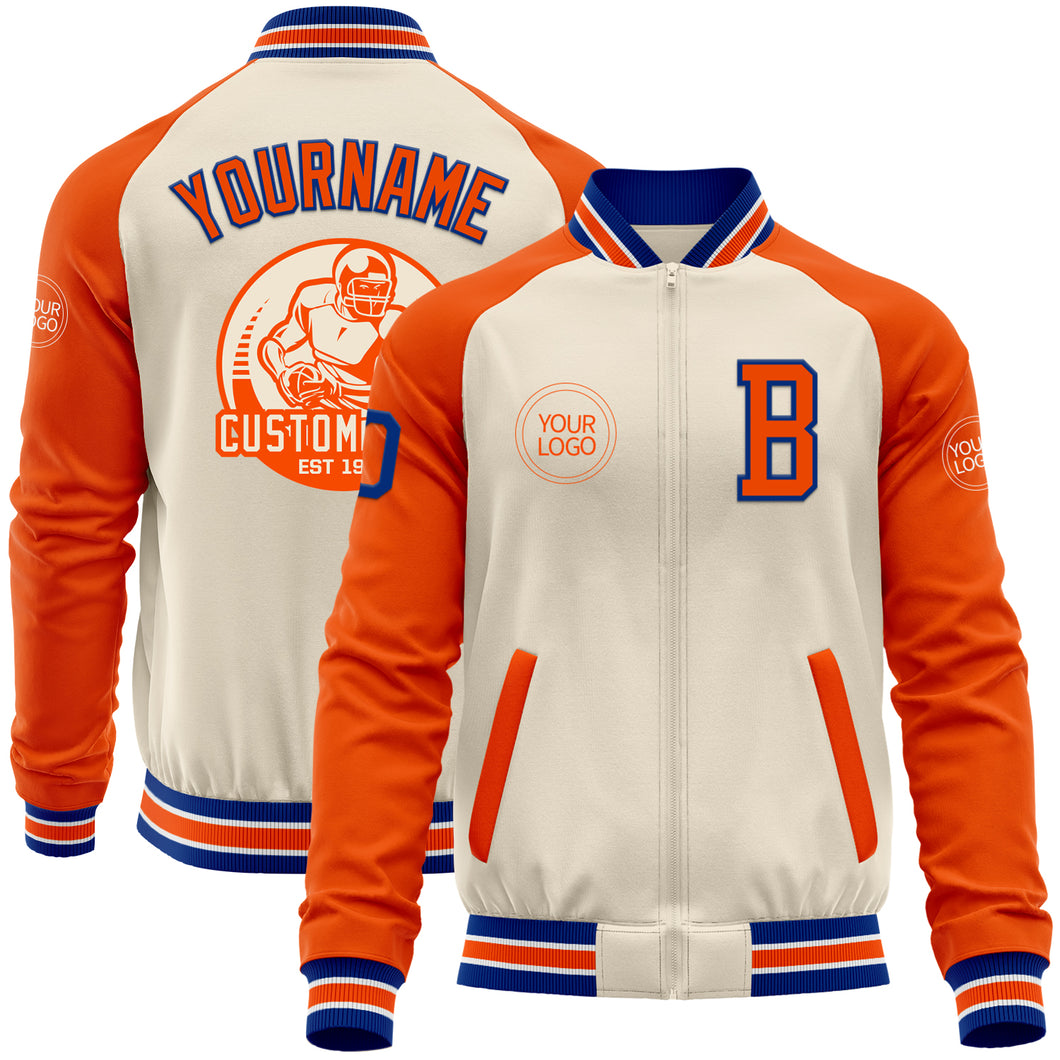 Custom Cream Royal Orange-White Bomber Varsity Letterman Two Tone Zipper Jacket