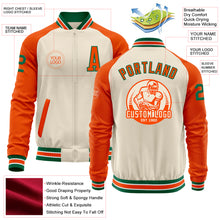 Load image into Gallery viewer, Custom Cream Kelly Green Orange-White Bomber Varsity Letterman Two Tone Zipper Jacket
