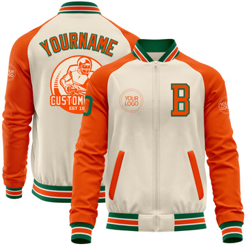 Custom Cream Kelly Green Orange-White Bomber Varsity Letterman Two Tone Zipper Jacket